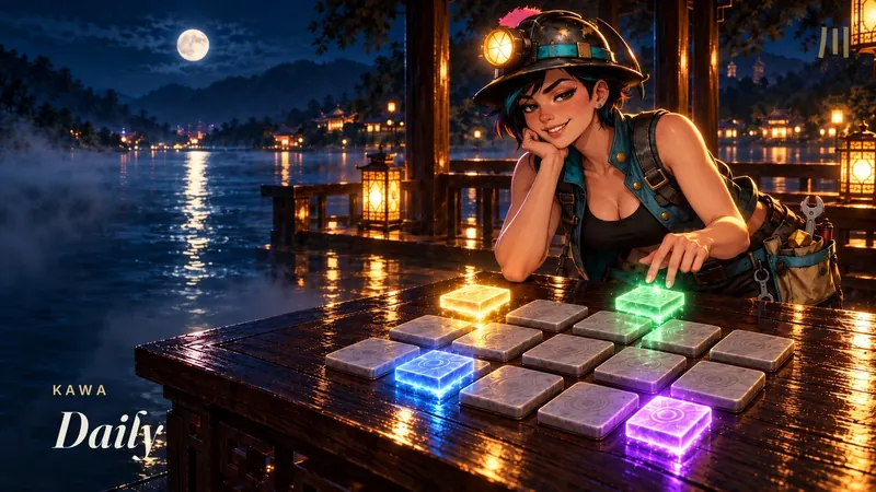 Kawa Daily: a smiling explorer leans over a lantern-lit table of glowing puzzle tiles beside a moonlit river