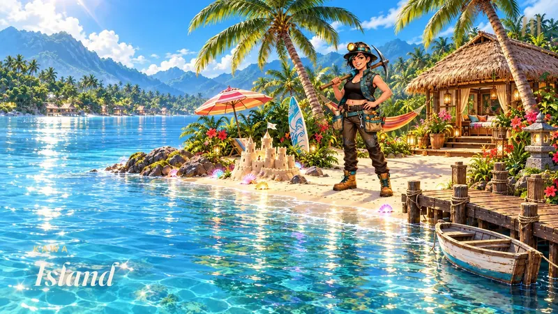 Kawa Island: an explorer stands on a sunny tropical beach beside a thatched hut, palm trees and a rowboat