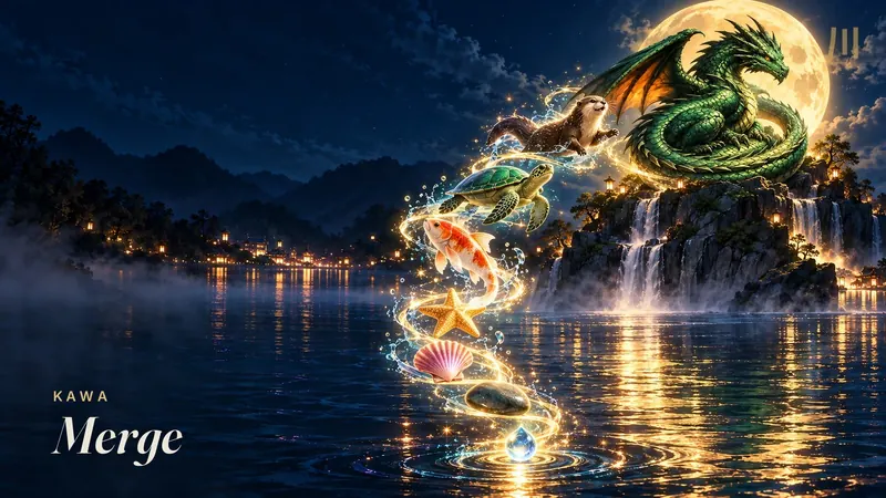 Kawa Merge: a glowing chain of shells, koi, a turtle and an otter spirals up to a green dragon under a full moon