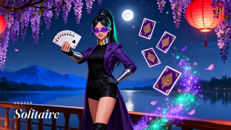 Vesper Solitaire: a woman in a violet coat fans a hand of cards under wisteria and paper lanterns on a moonlit lake